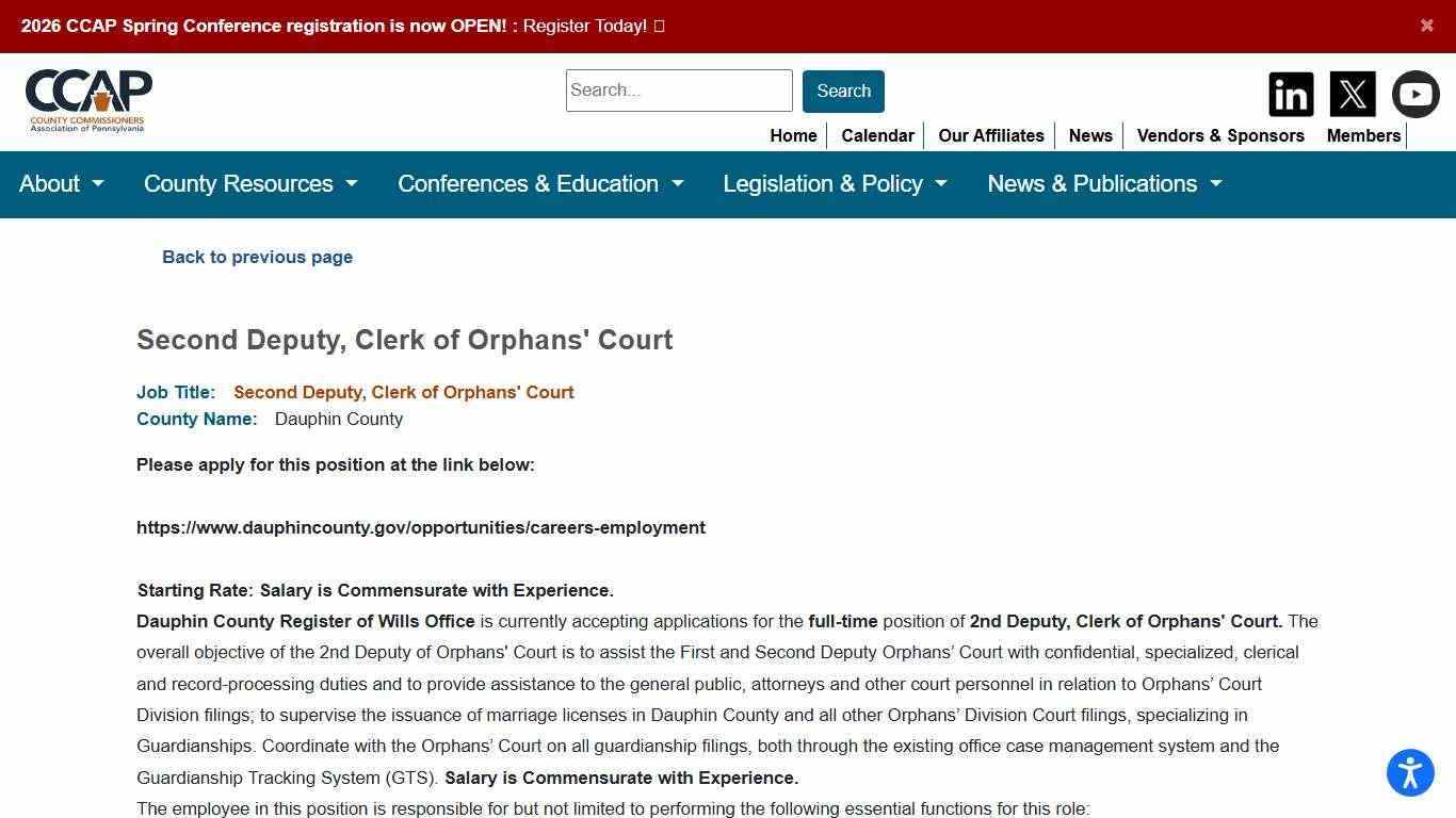 CCAP - Second Deputy, Clerk of Orphans' Court